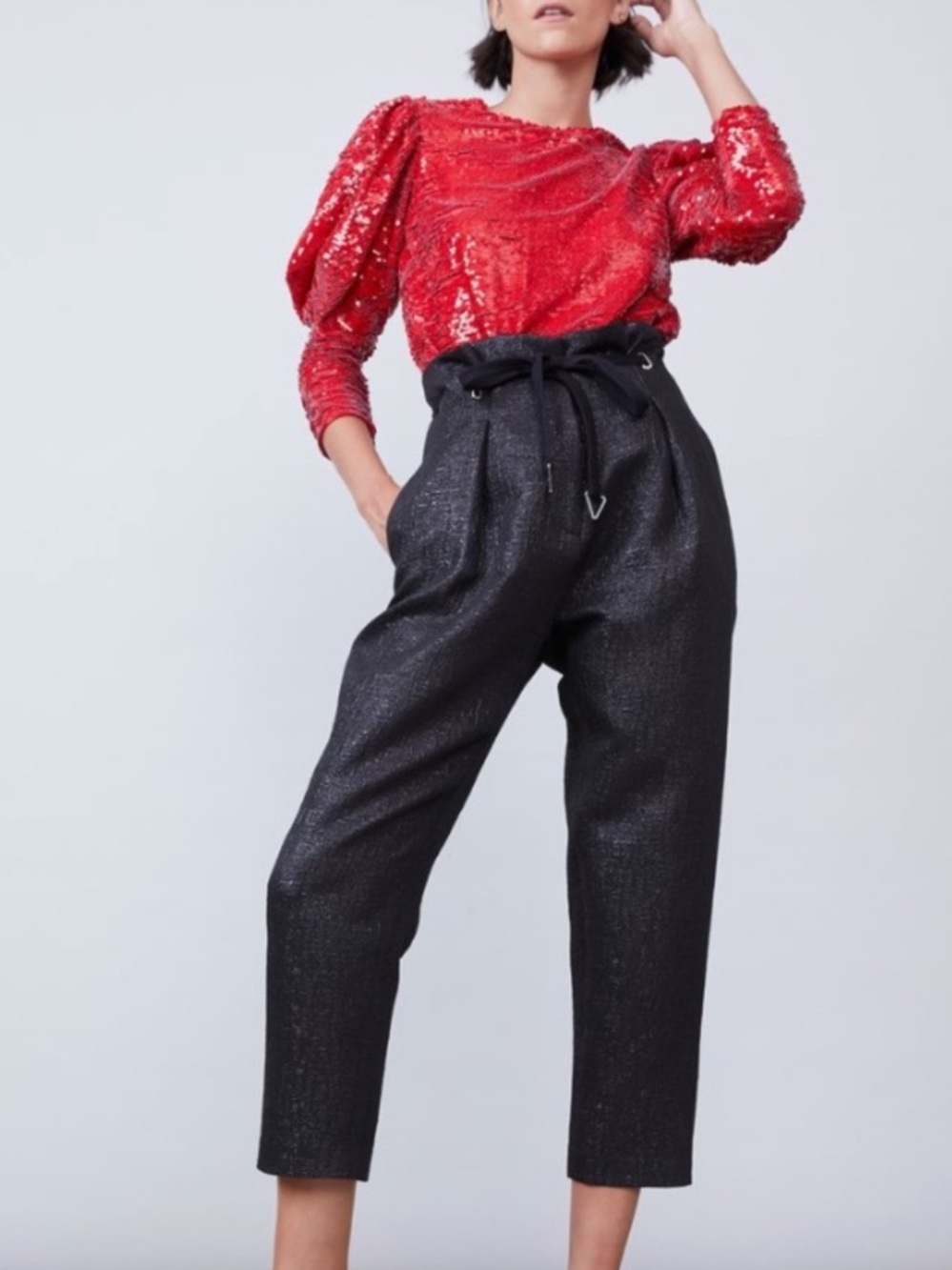 ALLEN SCHWARTZ Textured High Waisted Paperbag Trousers Pants